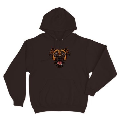 Brown hoodie with a custom dog's face design on a white background