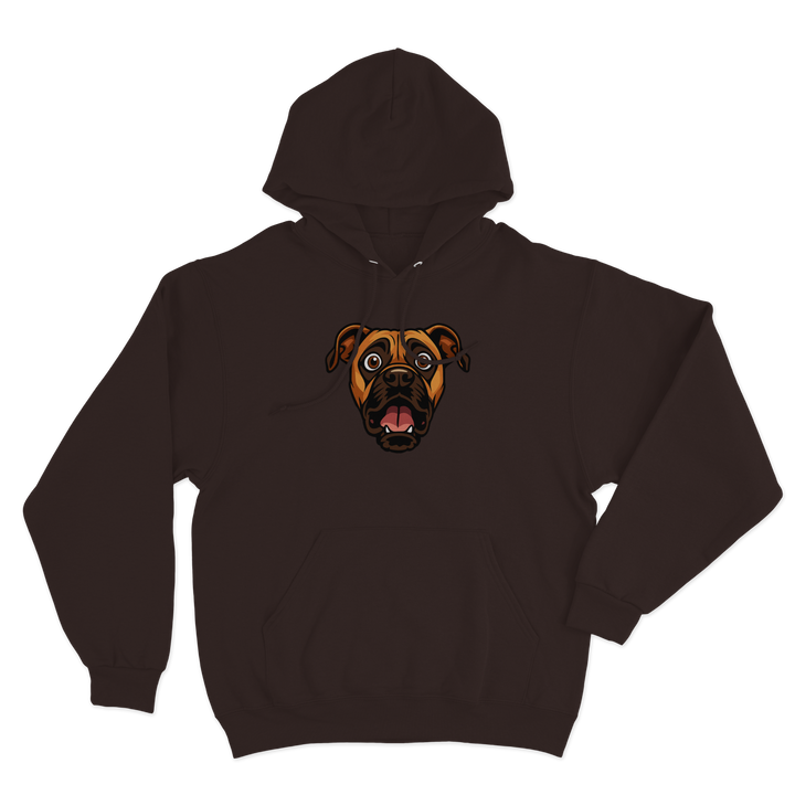 Brown hoodie with a custom dog's face design on a white background