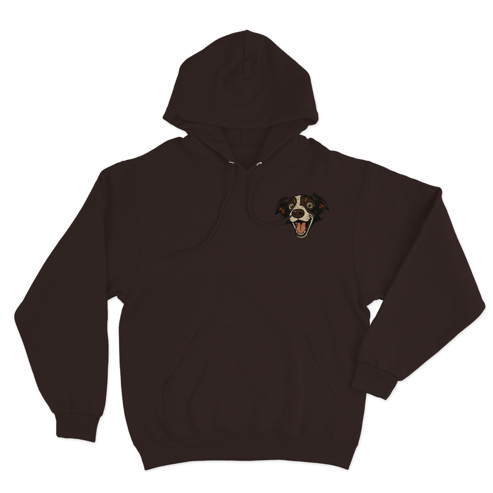 brown hoodie with a custom dog illustration as the logo