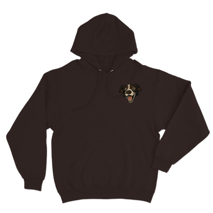 brown hoodie with a custom dog illustration as the logo