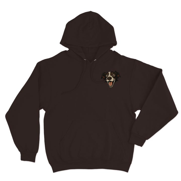 brown hoodie with a custom dog illustration as the logo