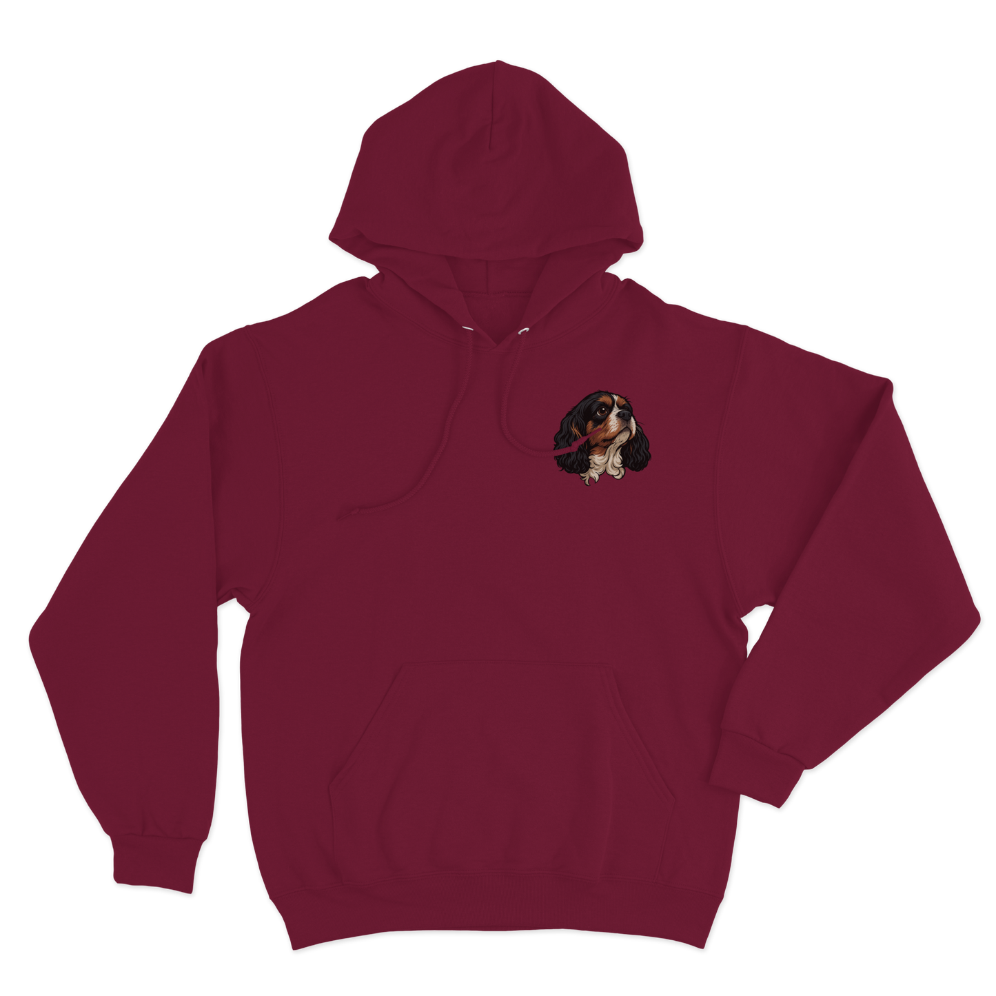Burgundy hoodie with a custom dog illustration as the logo
