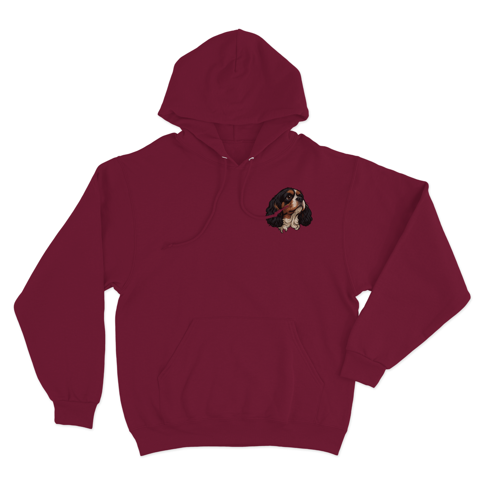 Burgundy hoodie with a custom dog illustration as the logo