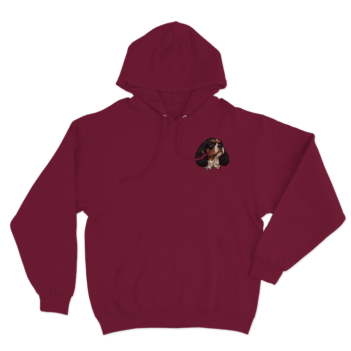 Burgundy hoodie with a custom dog illustration as the logo