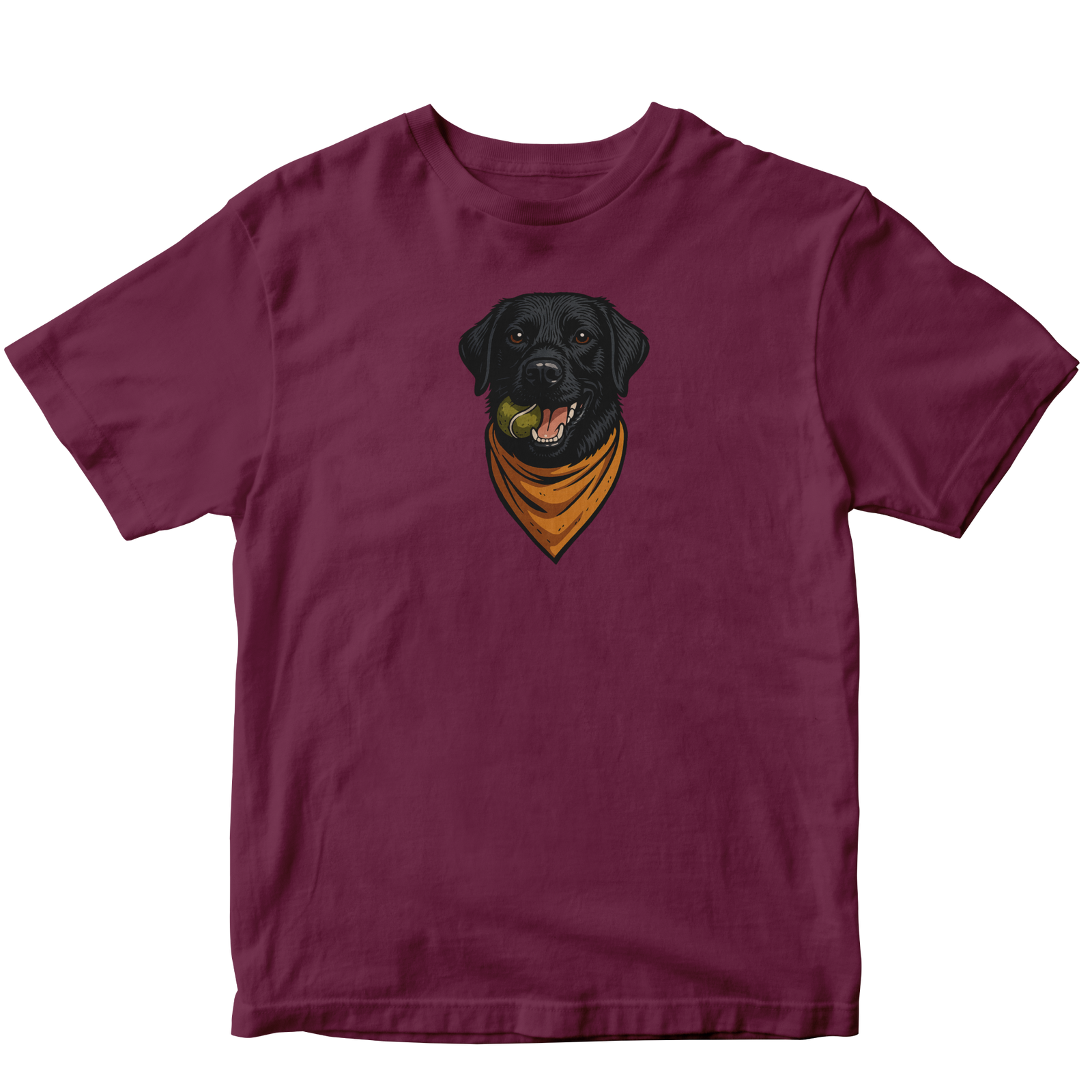 Maroon t-shirt with a black dog wearing a yellow bandana graphic on a white background