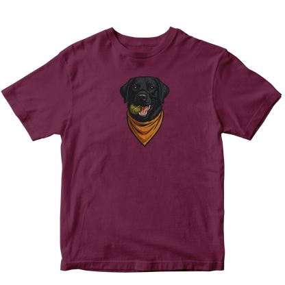 Maroon t-shirt with a black dog wearing a yellow bandana graphic on a white background