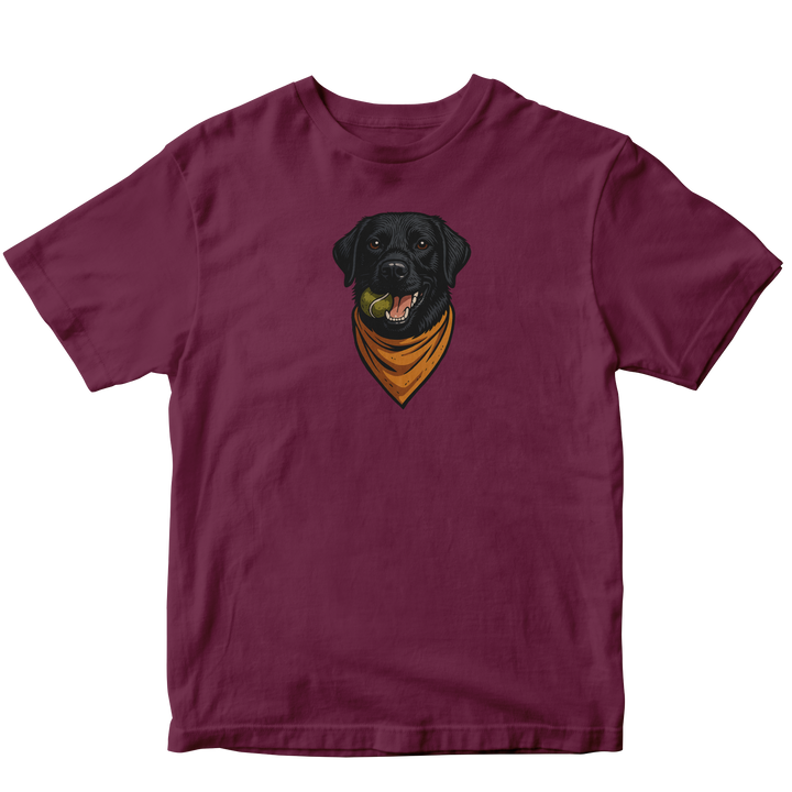 Maroon t-shirt with a black dog wearing a yellow bandana graphic on a white background