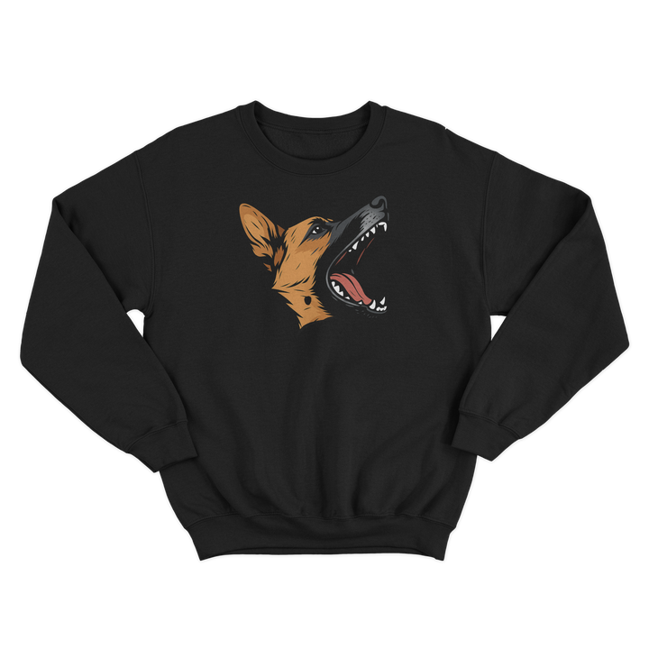 Black sweatshirt with a barking dog illustration