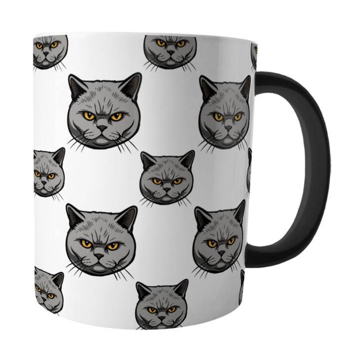Mug with angry gray cat pattern