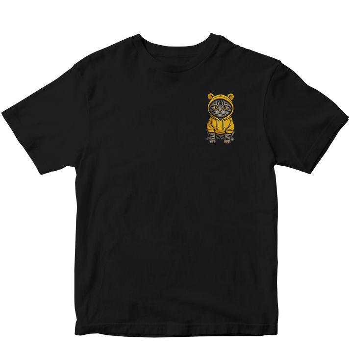 Black t-shirt with a small graphic of a cat in a yellow raincoat on a white background