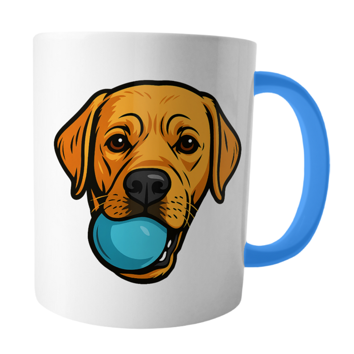 Mug with a dog holding a blue ball illustration and blue handle 