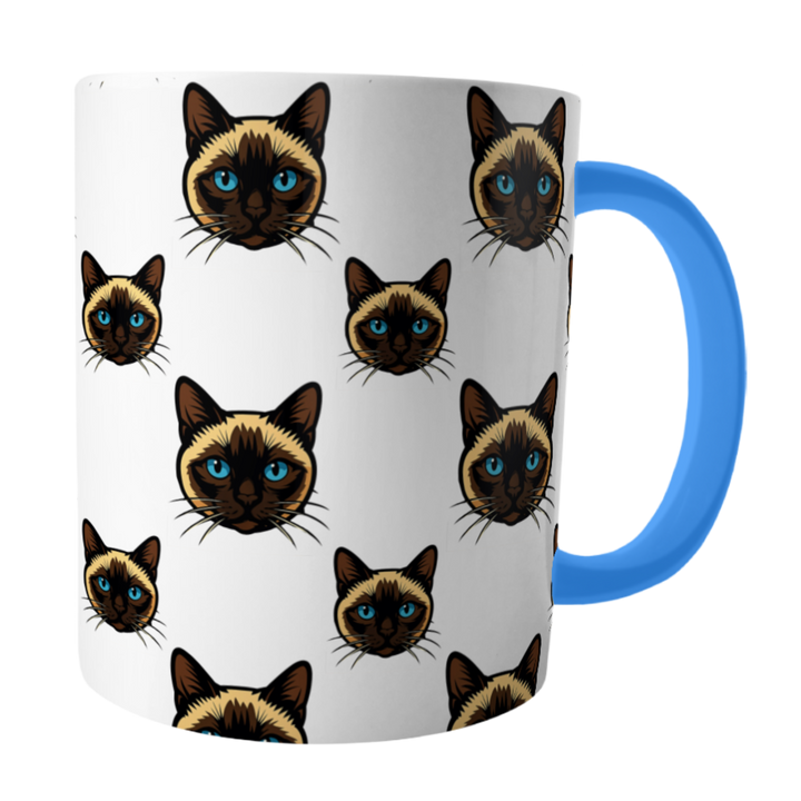 Mug with cat pattern and blue handle 