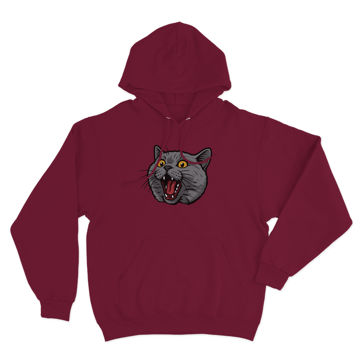 Maroon hoodie with a illustration of a cat's face