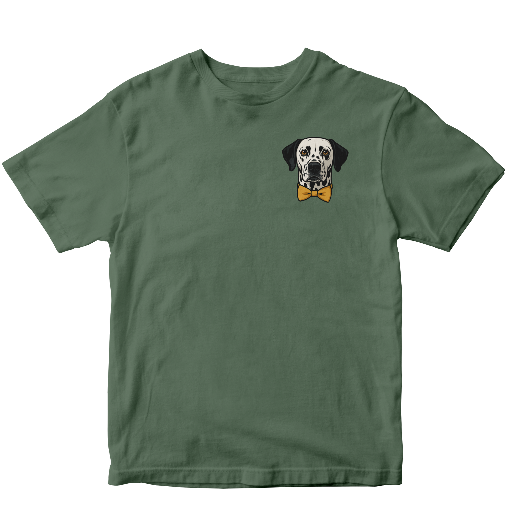 Green t-shirt with a custom dog graphic and bow tie on a white background