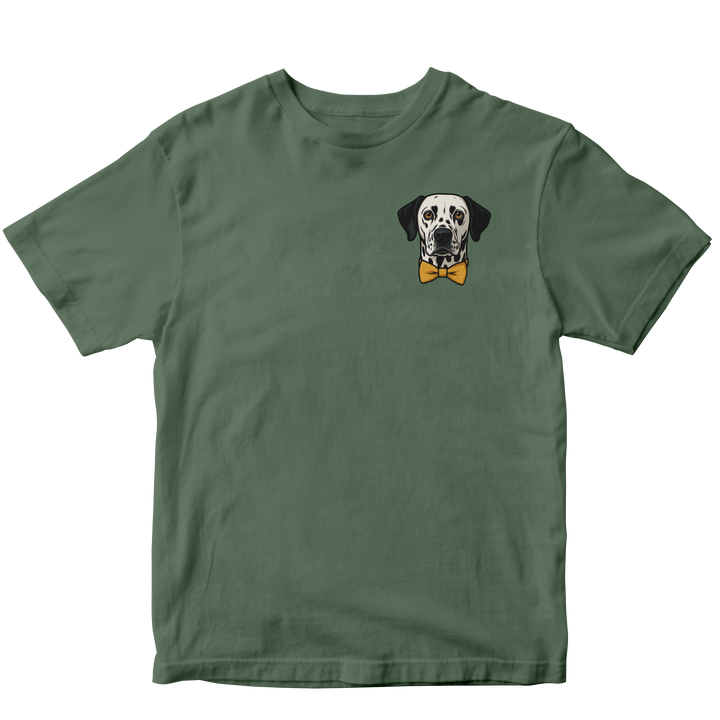 Green t-shirt with a custom dog graphic and bow tie on a white background