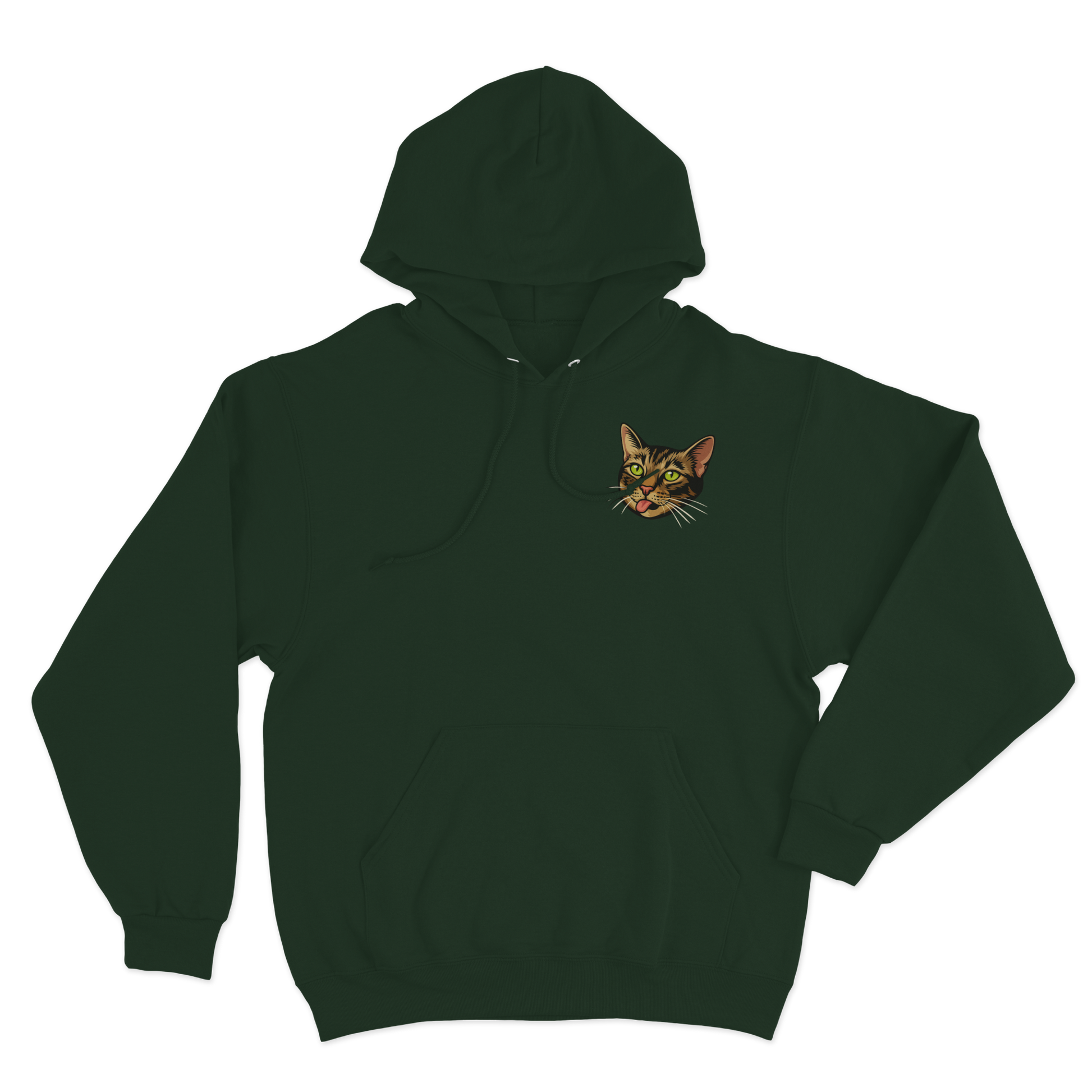 Green hoodie with a custom cat illustration as the logo