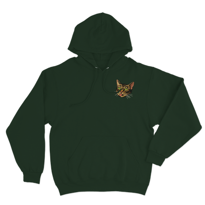 Green hoodie with a custom cat illustration as the logo