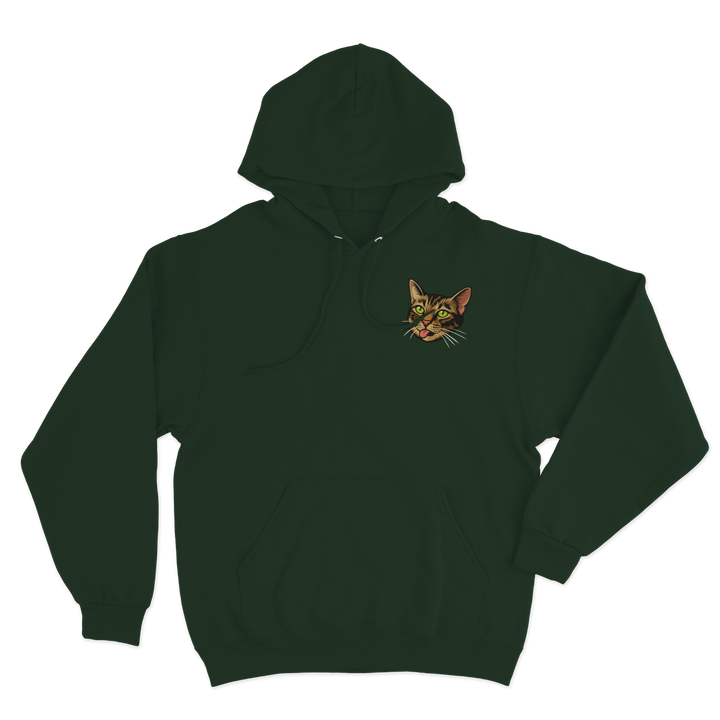 Green hoodie with a custom cat illustration as the logo