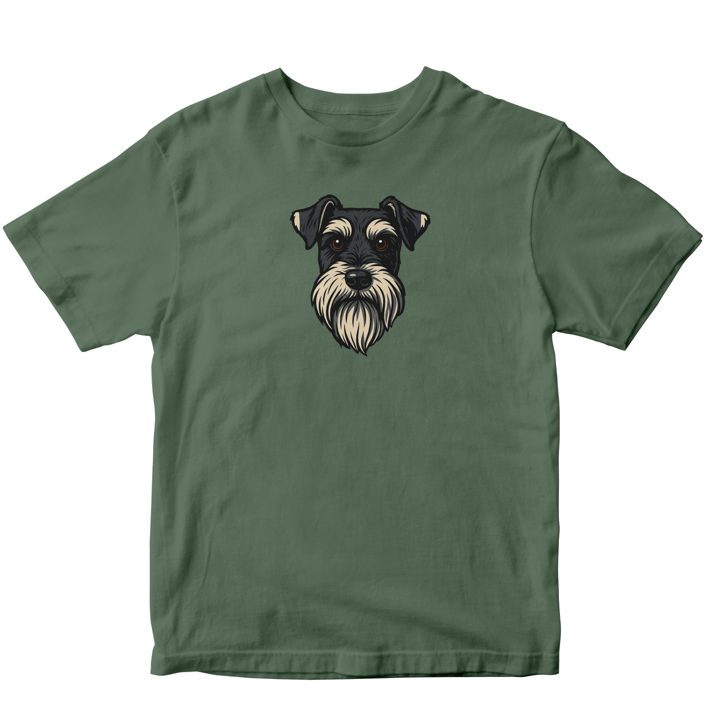 Green t-shirt with a dog graphic on a white background