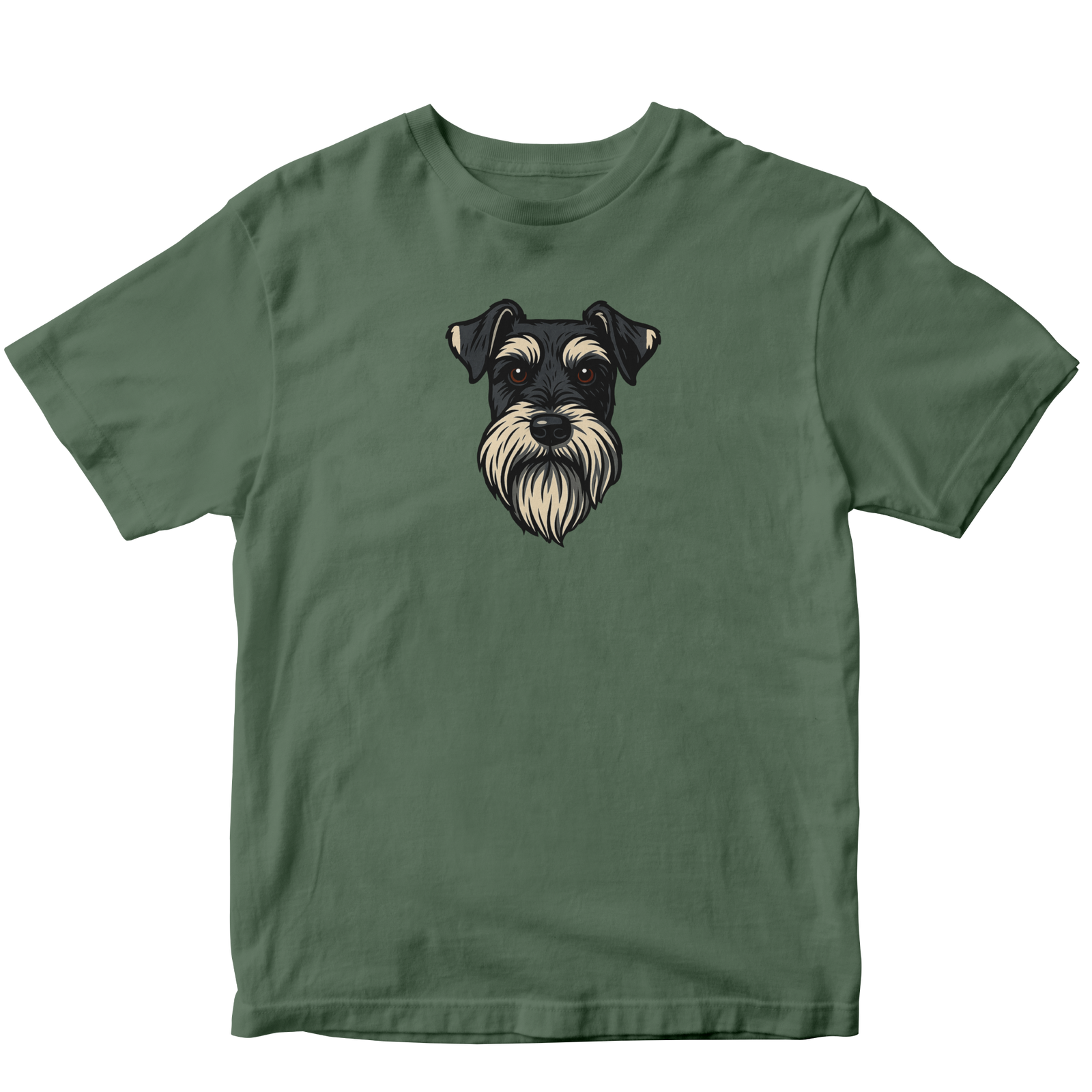 Green t-shirt with a dog graphic on a white background