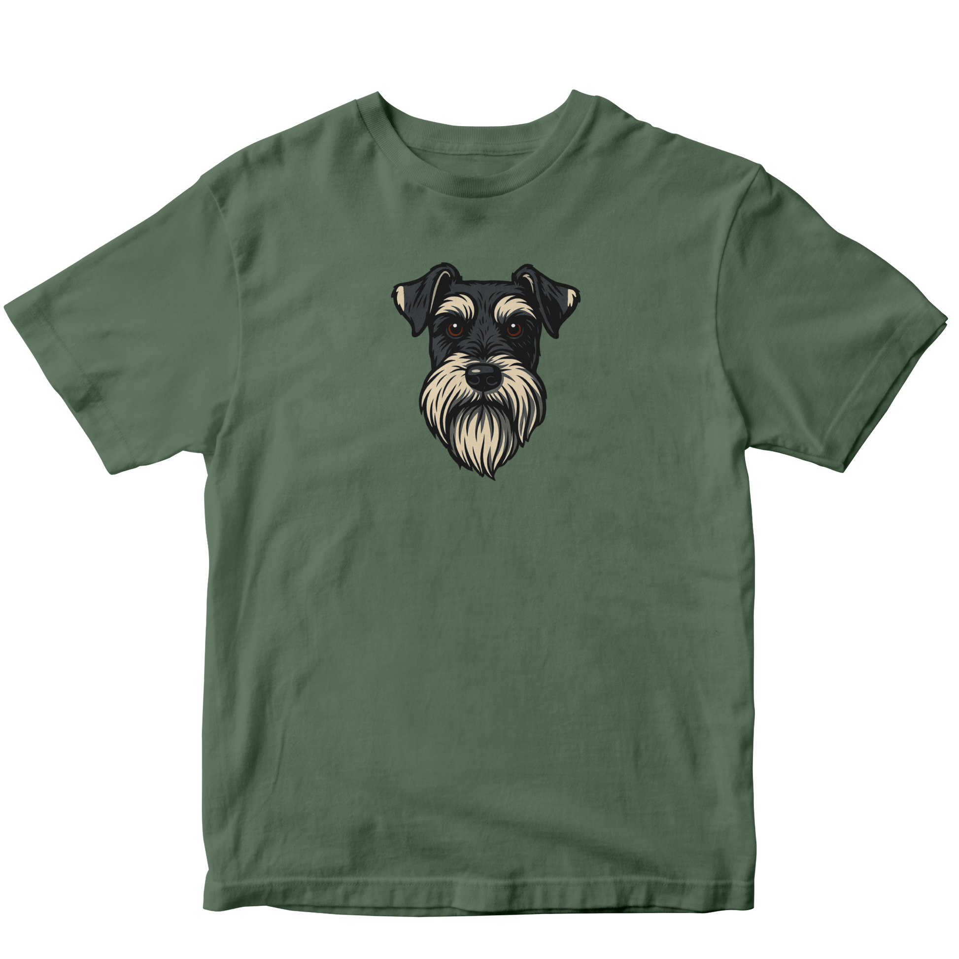 Green t-shirt with a dog graphic on a white background