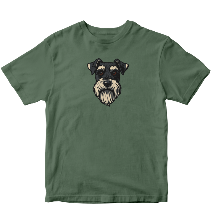 Green t-shirt with a dog graphic on a white background