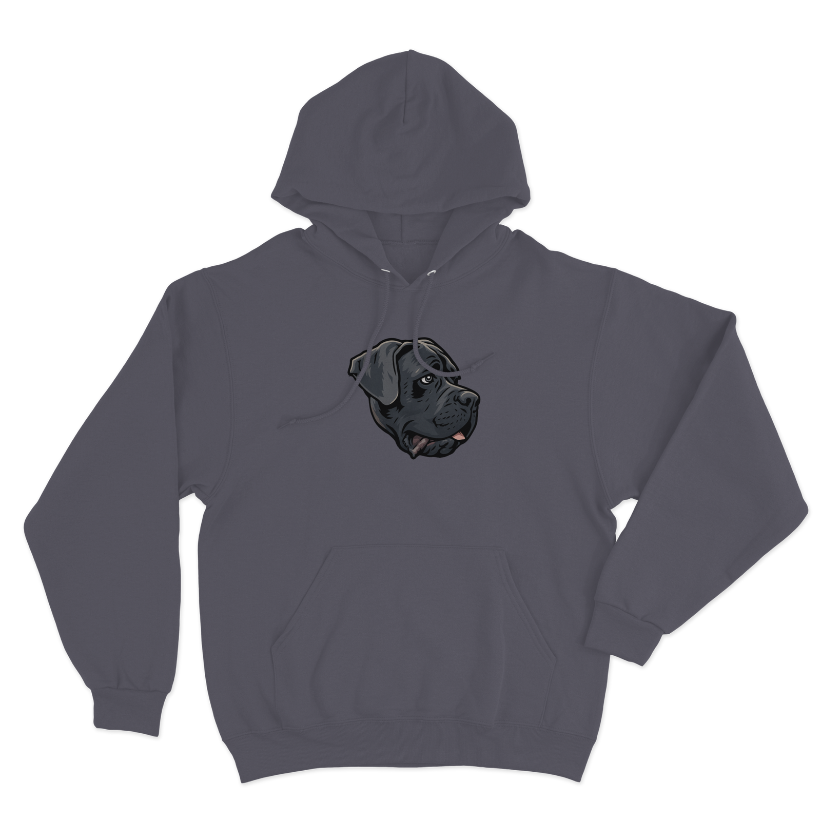 Grey hoodie with a custom dog's face design on a white background