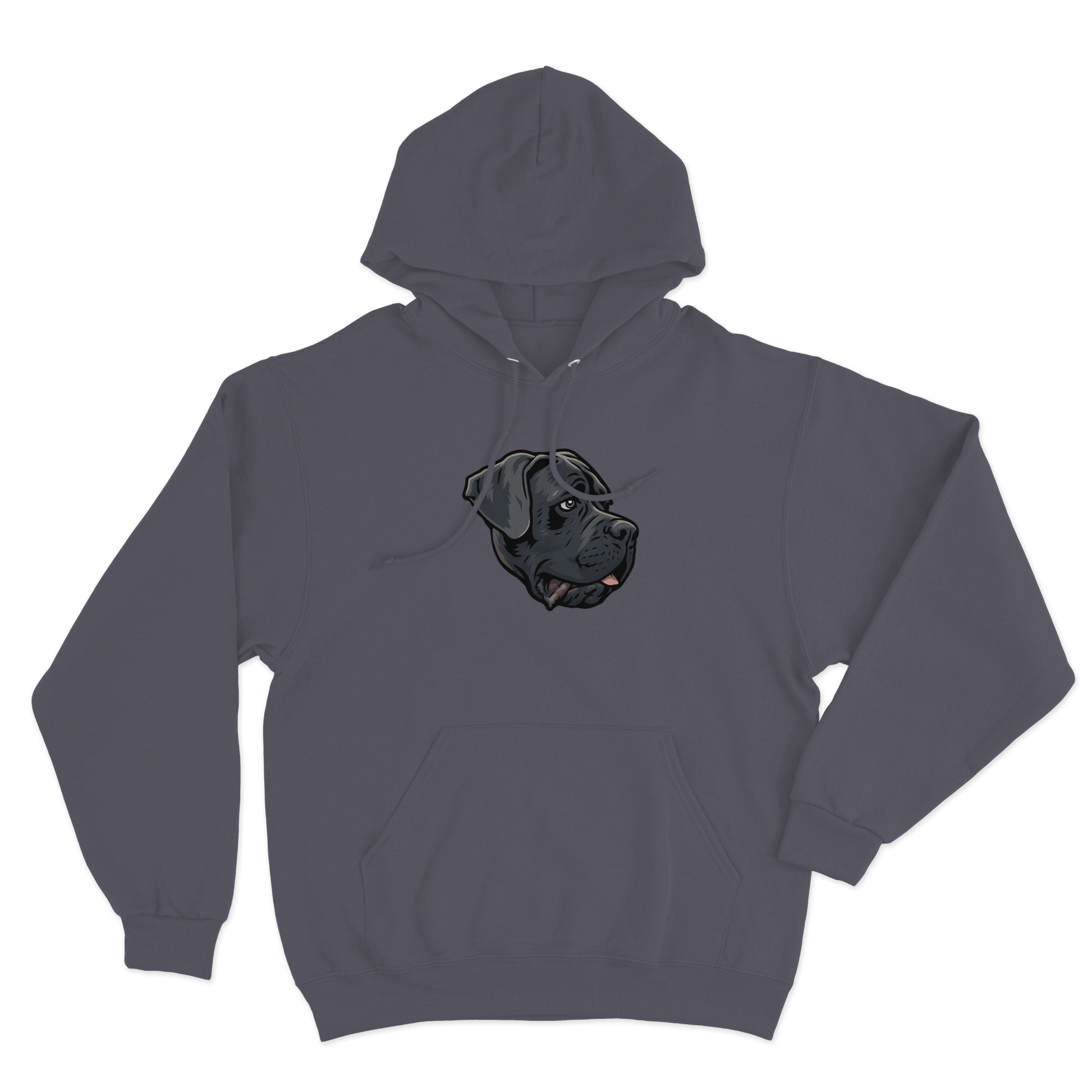 Grey hoodie with a custom dog's face design on a white background