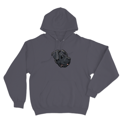 Grey hoodie with a custom dog's face design on a white background