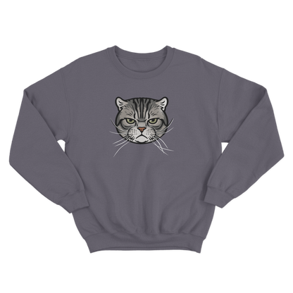 Gray sweatshirt with a CUSTOM cat face illustration on a white background
