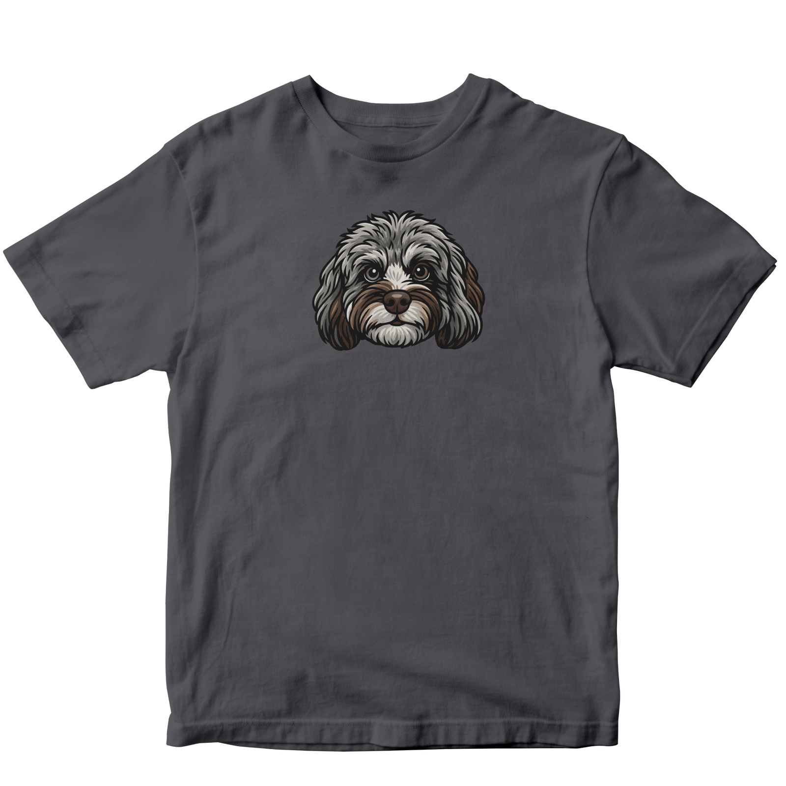 Gray t-shirt with a dog graphic on a white background