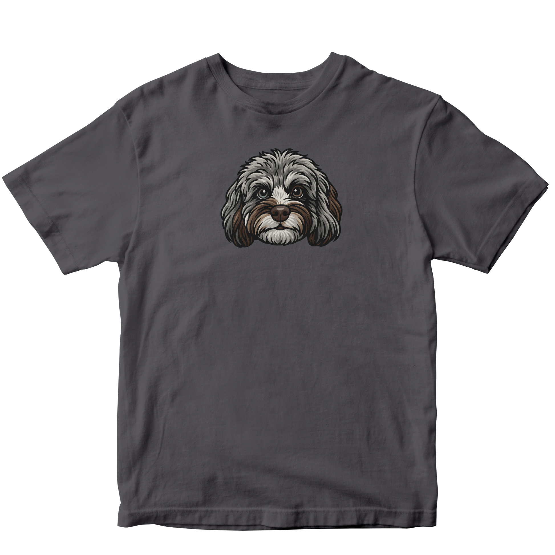 Gray t-shirt with a dog graphic on a white background