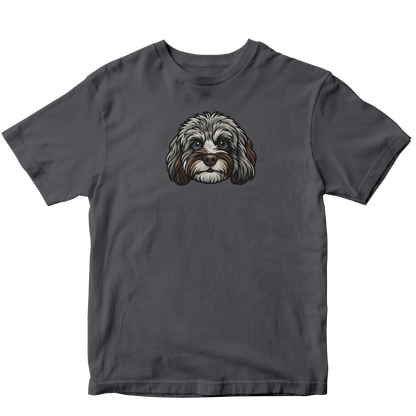 Gray t-shirt with a dog graphic on a white background