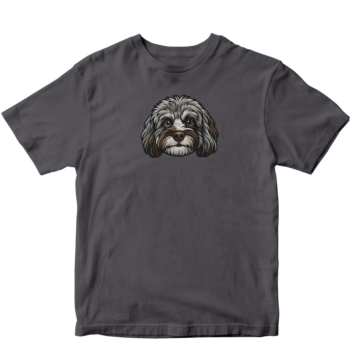 Gray t-shirt with a dog graphic on a white background