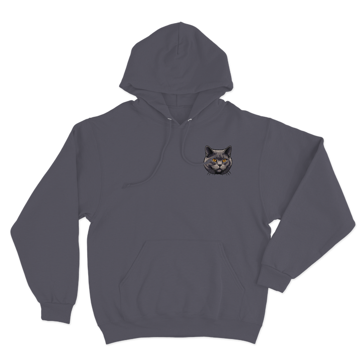 Gray hoodie with a cat face illustration  