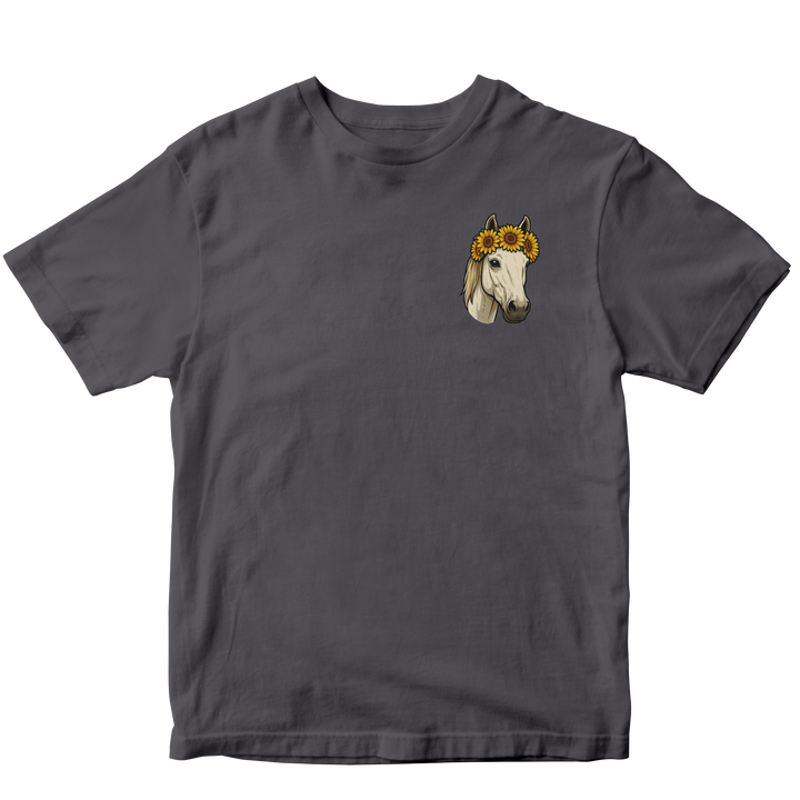 Gray t-shirt with a horse wearing a sunflower crown design on a white background