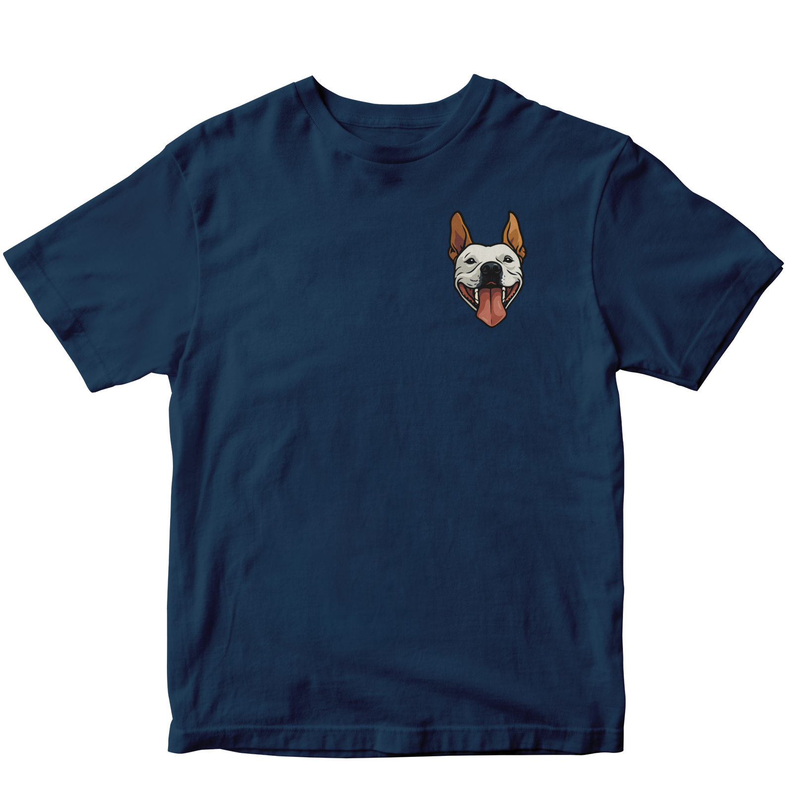 Navy blue t-shirt with a custom dog graphic on a white background