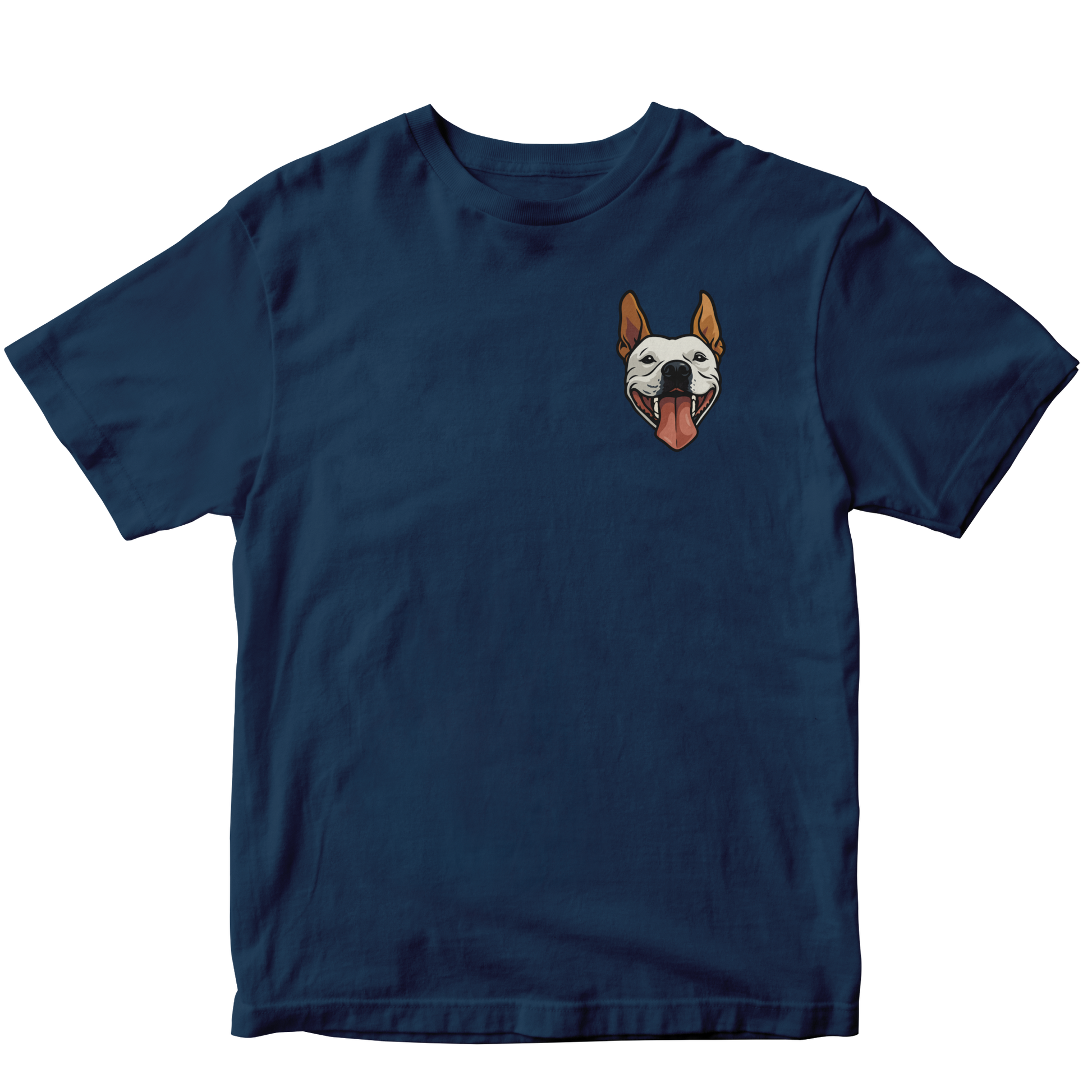 Navy blue t-shirt with a custom dog graphic on a white background