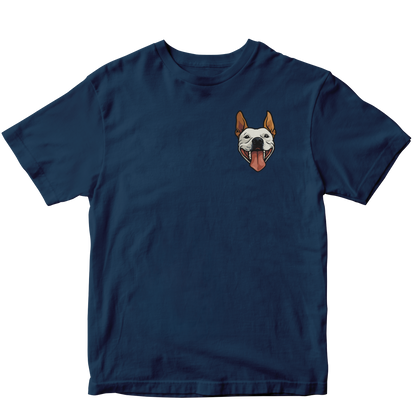 Navy blue t-shirt with a custom dog graphic on a white background