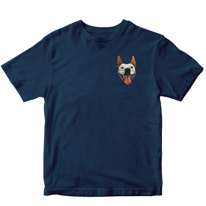 Navy blue t-shirt with a custom dog graphic on a white background
