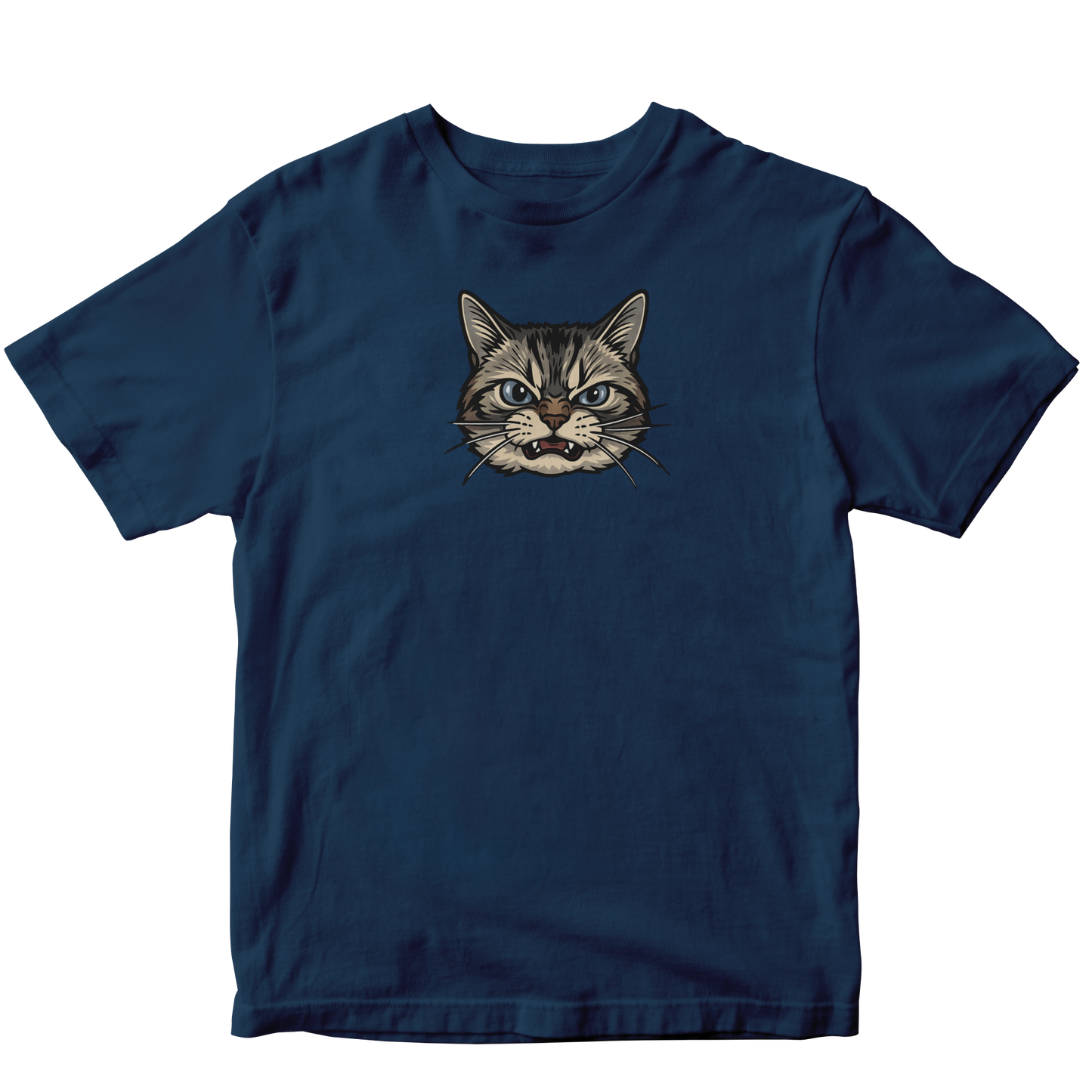 Navy blue t-shirt with a cat graphic on a white background