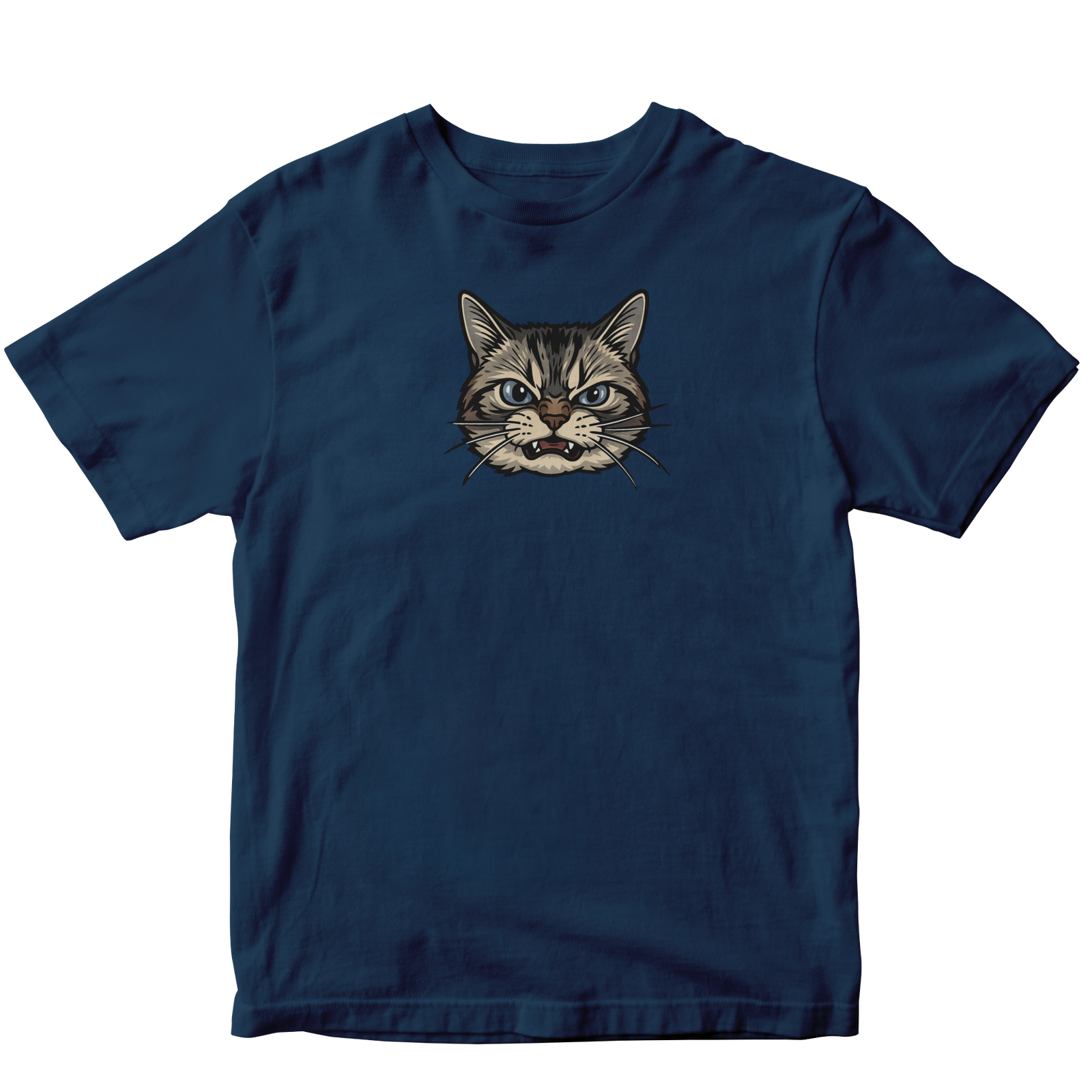 Navy blue t-shirt with a cat graphic on a white background