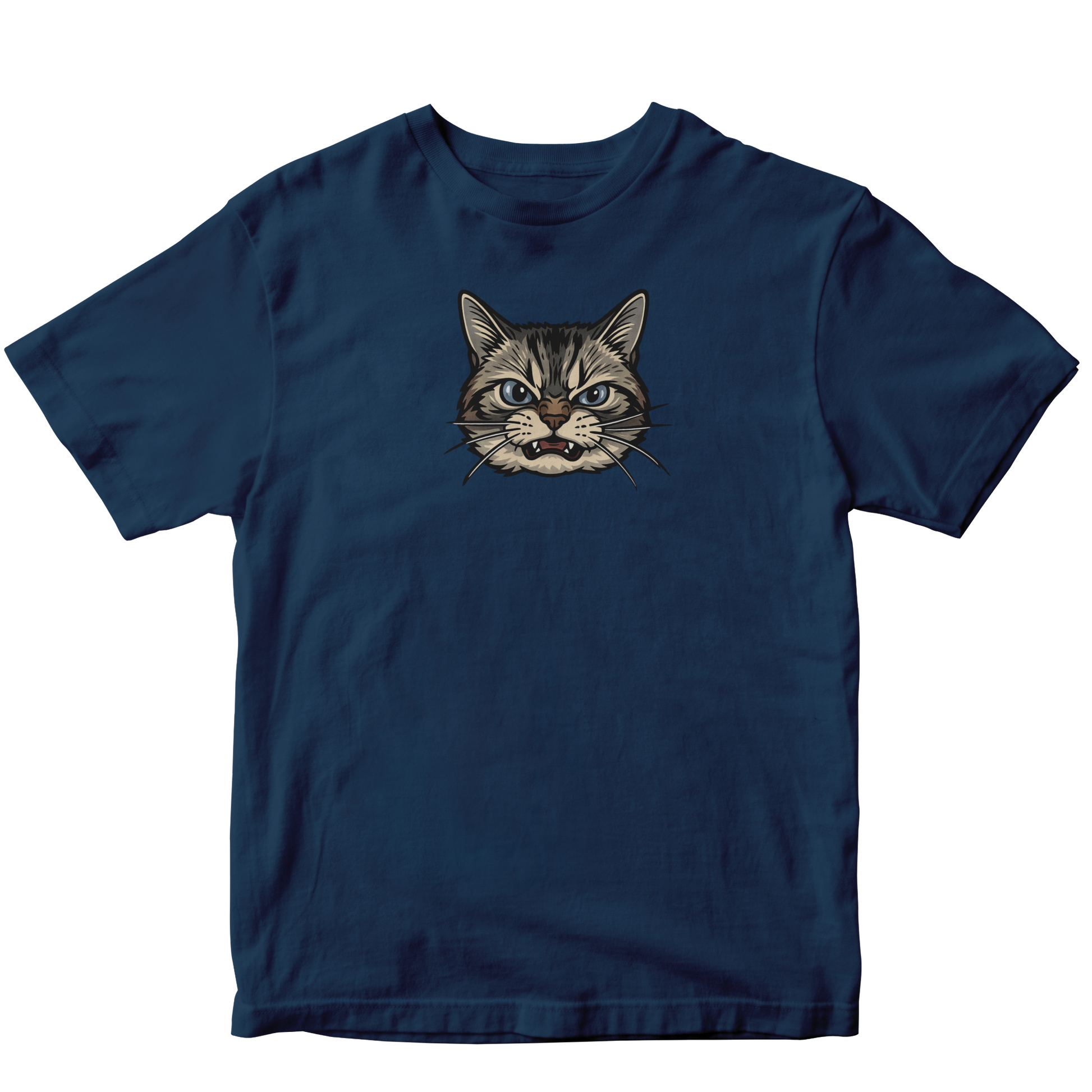 Navy blue t-shirt with a cat graphic on a white background