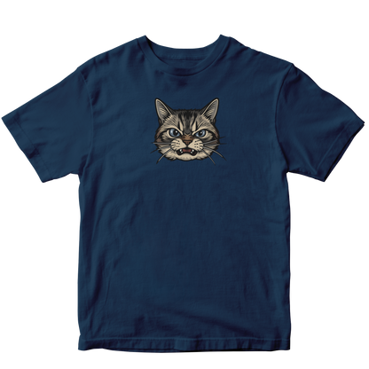 Navy blue t-shirt with a cat graphic on a white background
