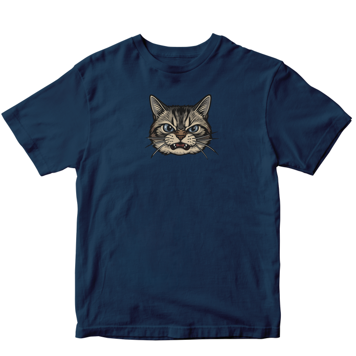 Navy blue t-shirt with a cat graphic on a white background