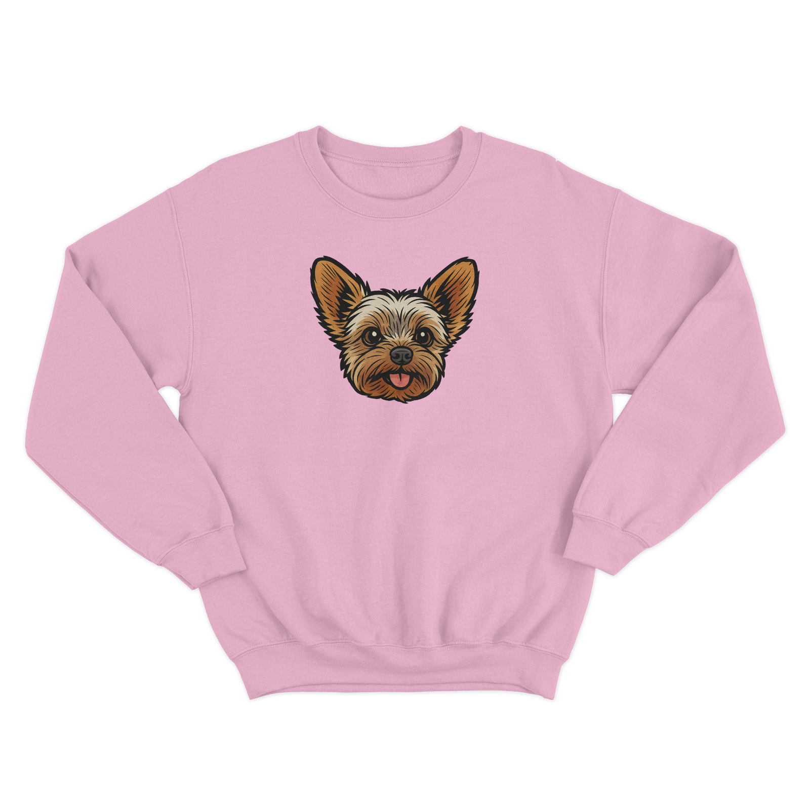 Pink sweatshirt with a custom dog graphic on a white background