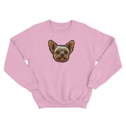 Pink sweatshirt with a custom dog graphic on a white background
