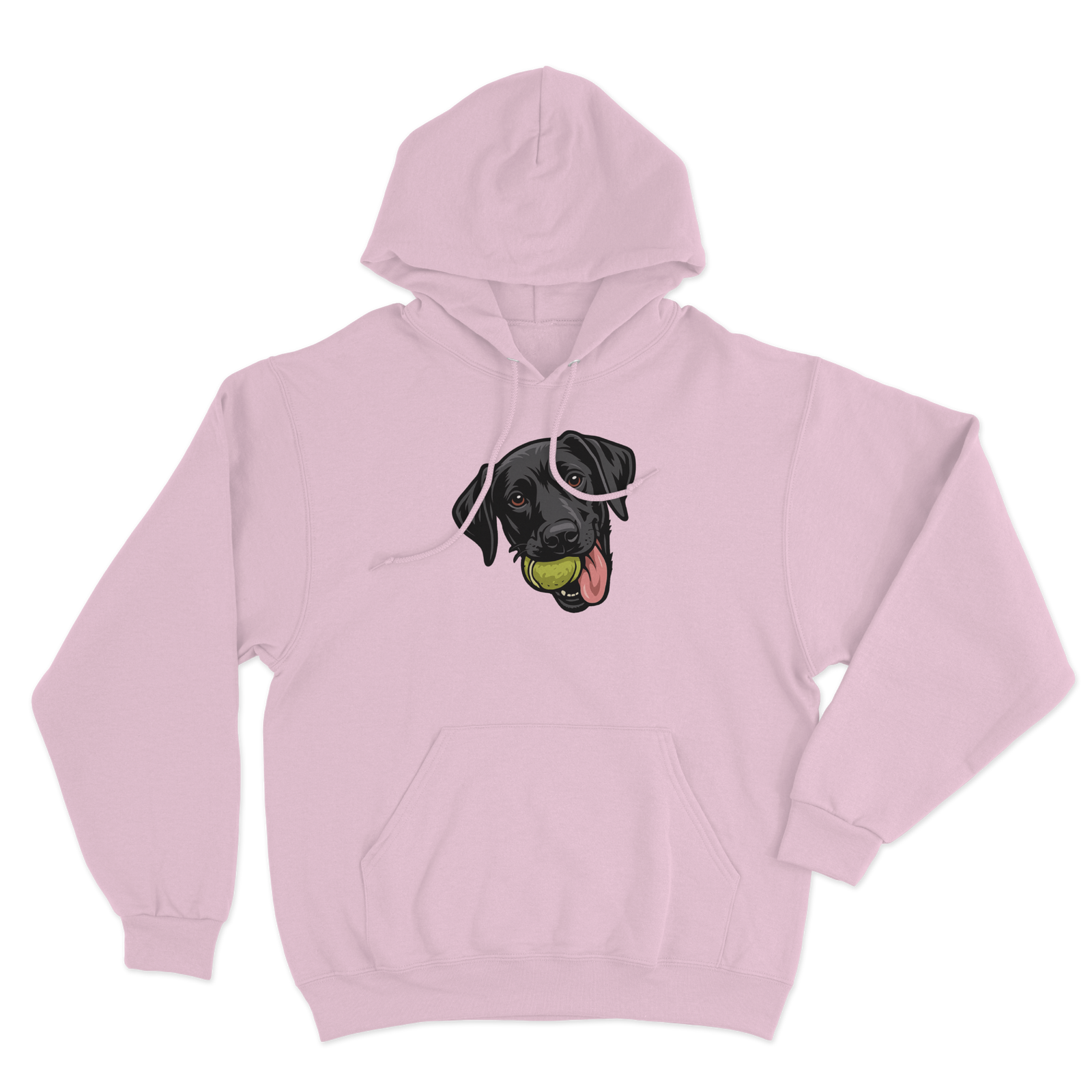 Pink hoodie with a custom black dog Labrador  graphic holding a tennis ball on a white background