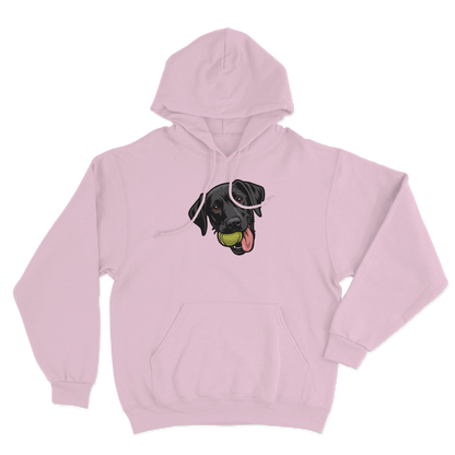 Pink hoodie with a custom black dog Labrador  graphic holding a tennis ball on a white background