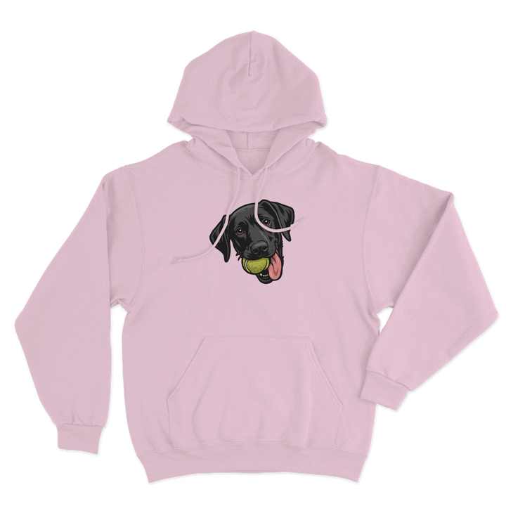 Pink hoodie with a custom black dog Labrador  graphic holding a tennis ball on a white background